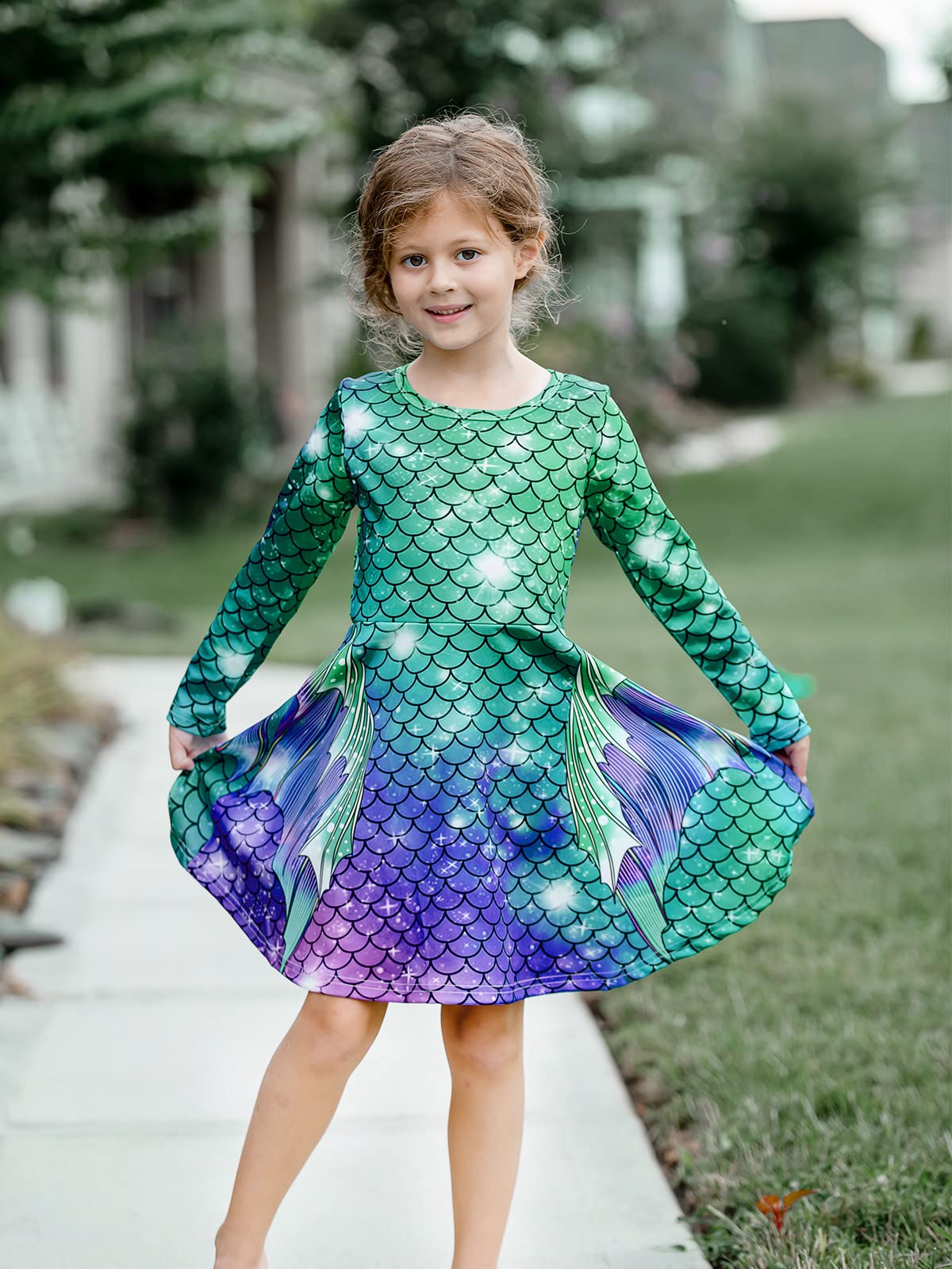 Funnycokid Girls' Butterfly & Mermaid Long Sleeve Dress