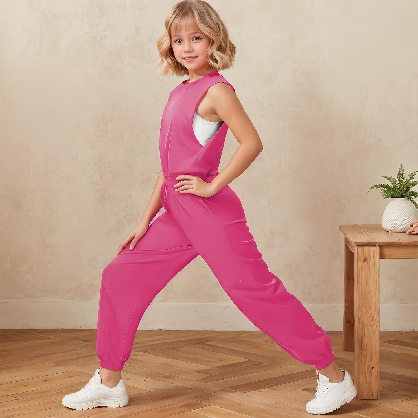 Girls Casual Jumpsuit – Crew Neck Romper with Pockets