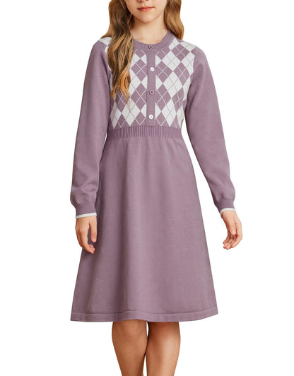 GRACE KARIN Girls' Argyle Knit Sweater Dress