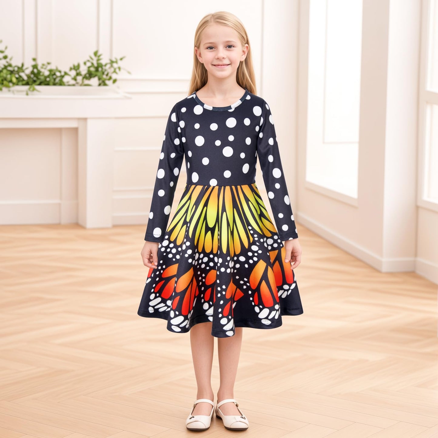 Funnycokid Girls' Butterfly & Mermaid Long Sleeve Dress