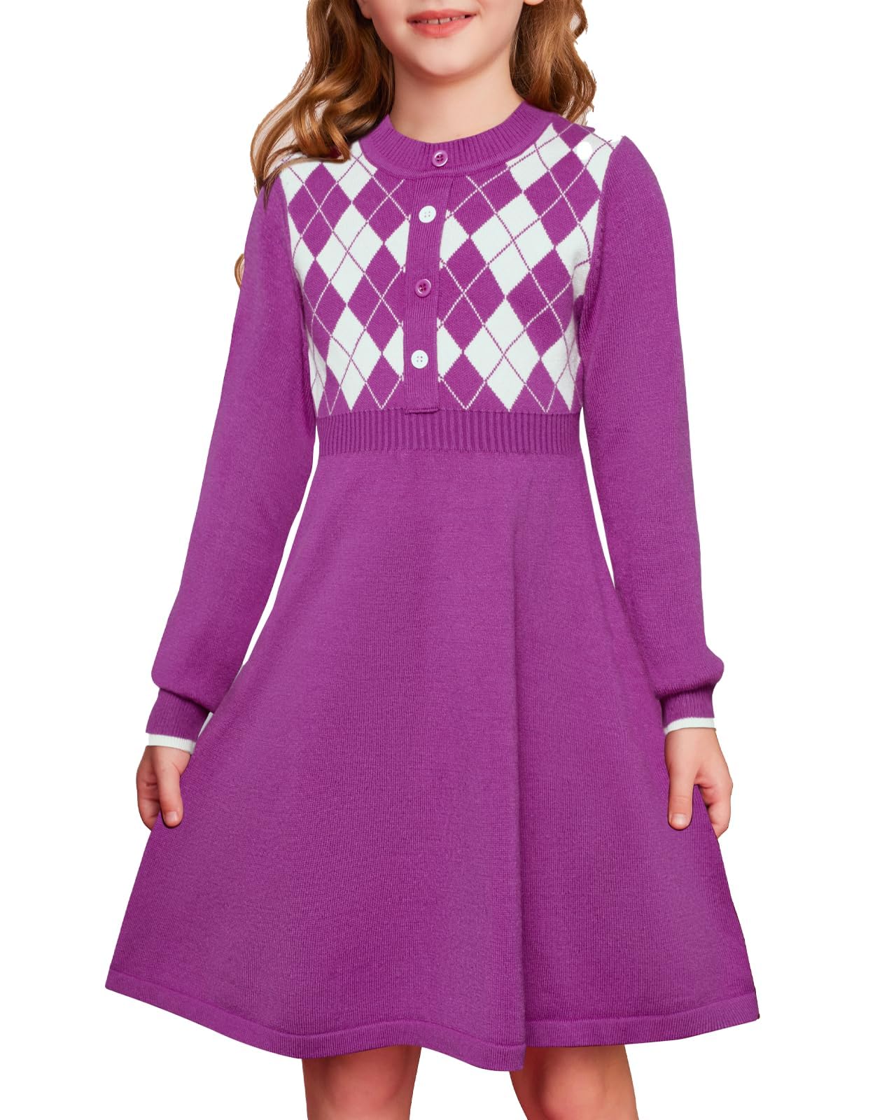GRACE KARIN Girls' Argyle Knit Sweater Dress