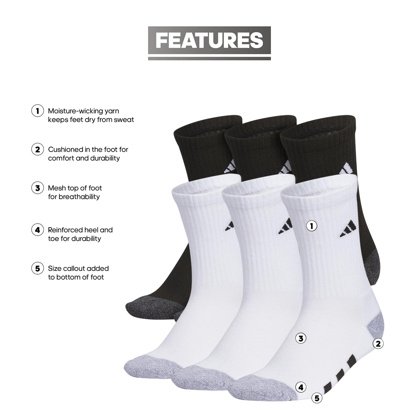adidas Youth 6-Pack Cushioned Crew Socks