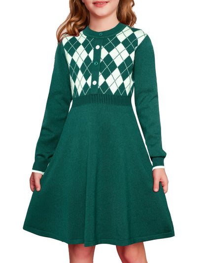 GRACE KARIN Girls' Argyle Knit Sweater Dress