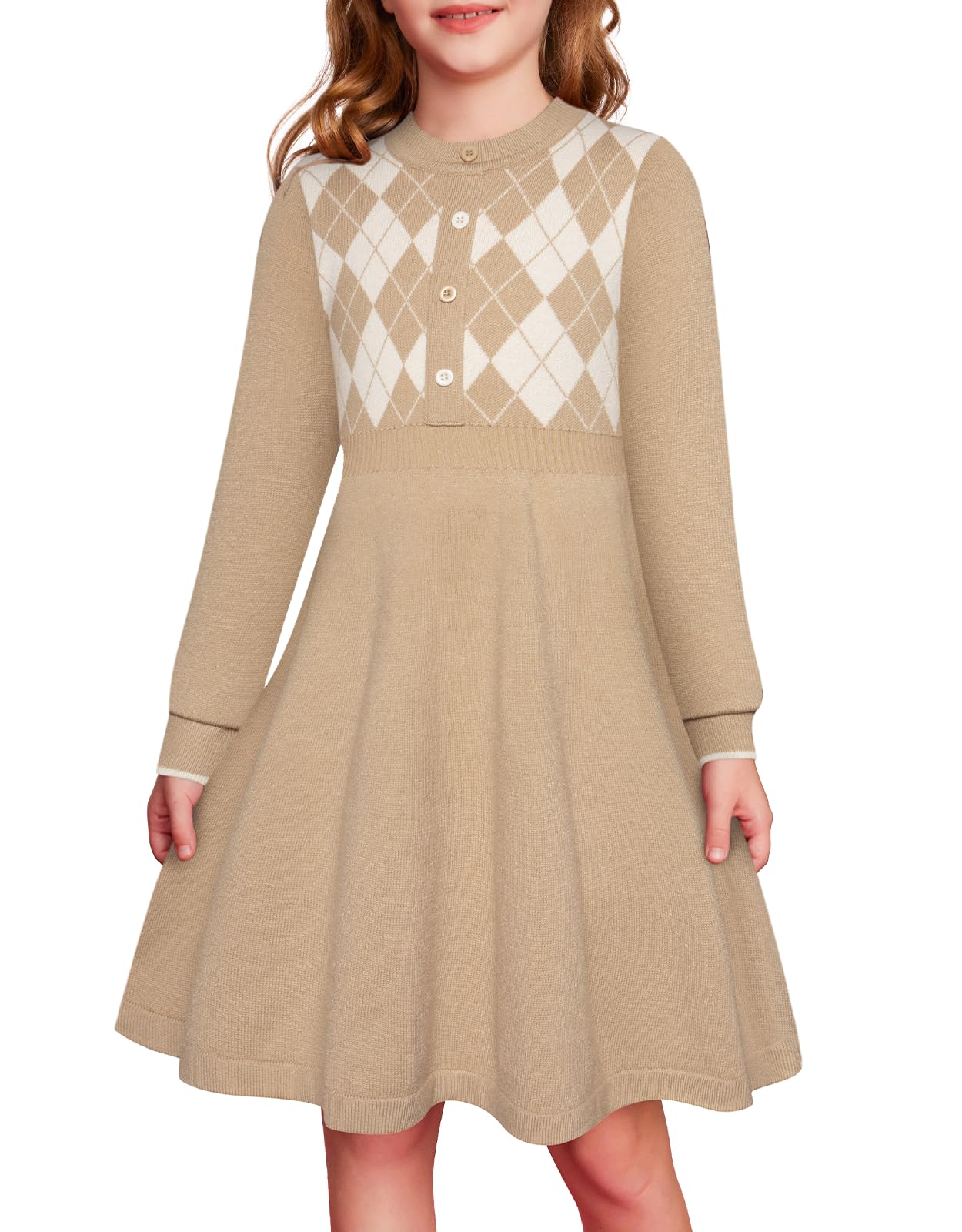 GRACE KARIN Girls' Argyle Knit Sweater Dress