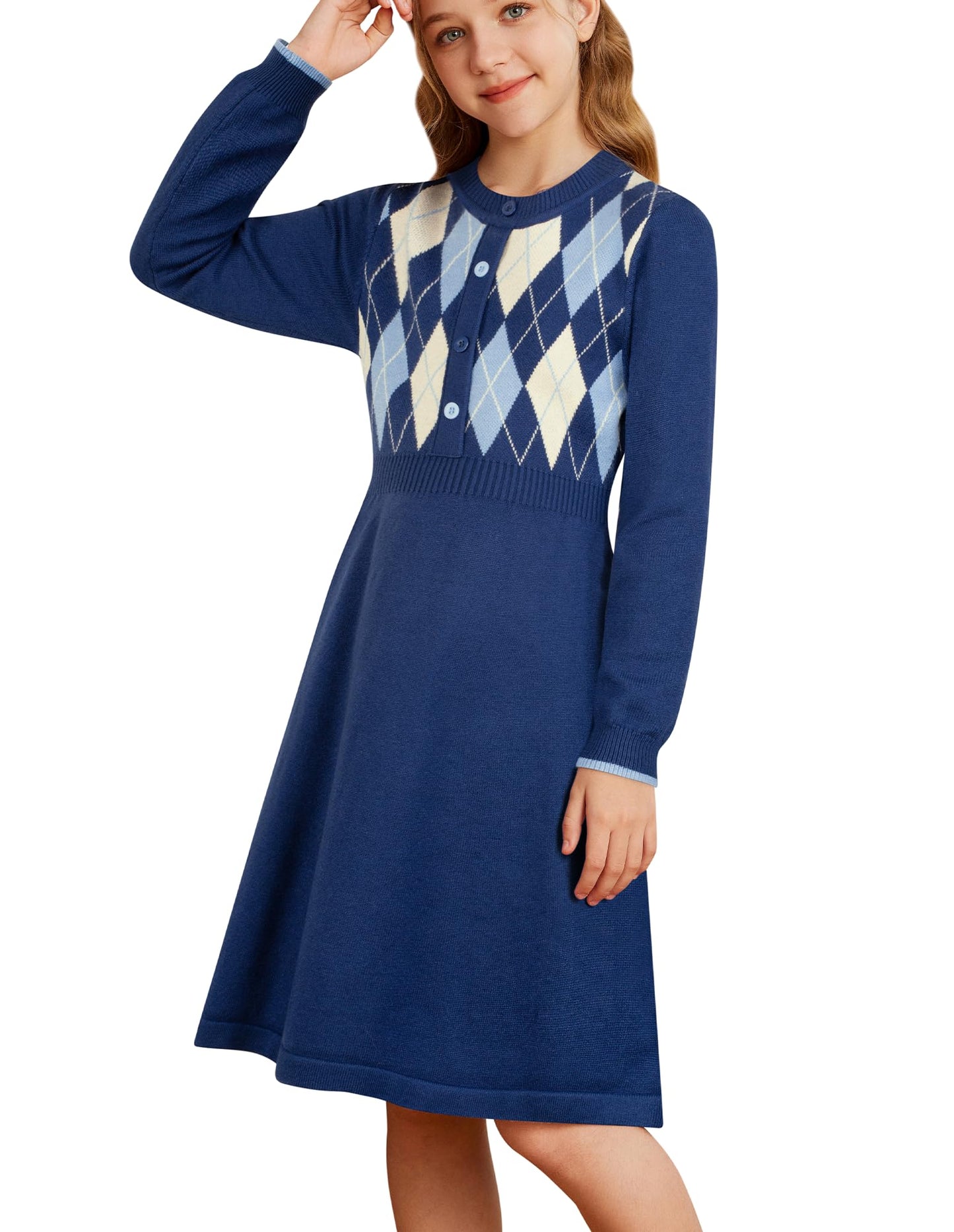 GRACE KARIN Girls' Argyle Knit Sweater Dress