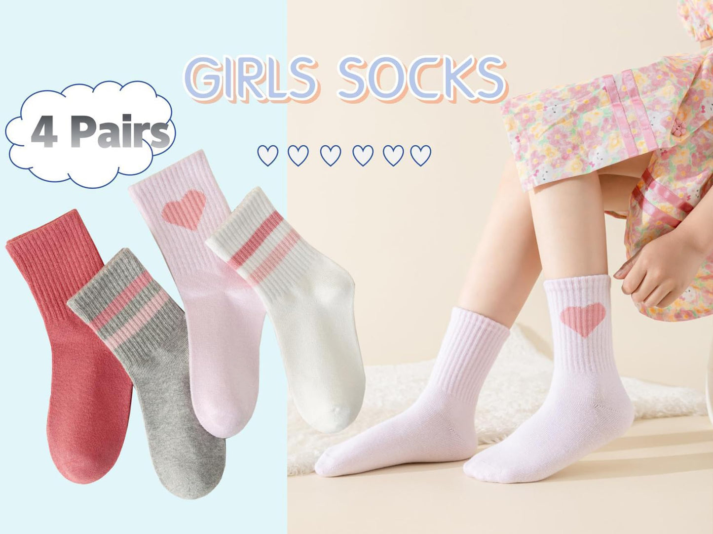 Girls' 4-Pack Pink Heart Striped Crew Socks