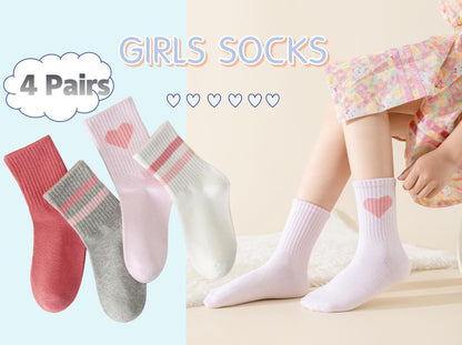 Girls' 4-Pack Pink Heart Striped Crew Socks