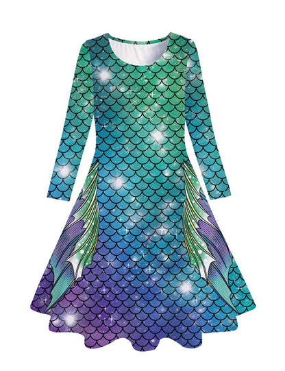 Funnycokid Girls' Butterfly & Mermaid Long Sleeve Dress