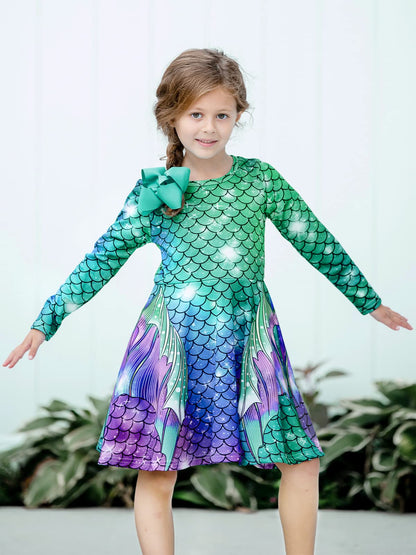Funnycokid Girls' Butterfly & Mermaid Long Sleeve Dress