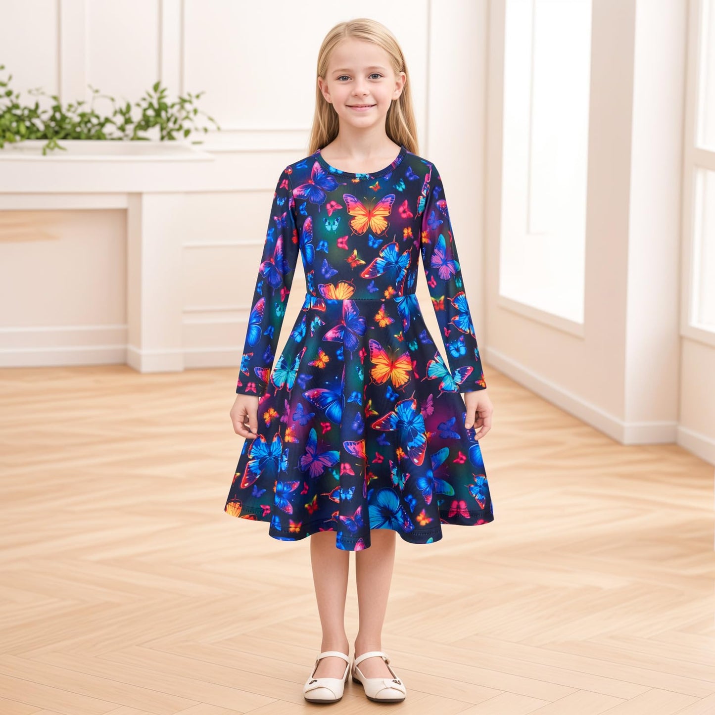 Funnycokid Girls' Butterfly & Mermaid Long Sleeve Dress