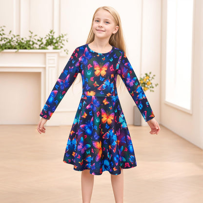 Funnycokid Girls' Butterfly & Mermaid Long Sleeve Dress