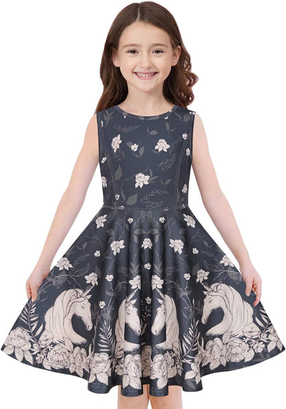 Quedoris Girls' Unicorn Print Twirly Dress