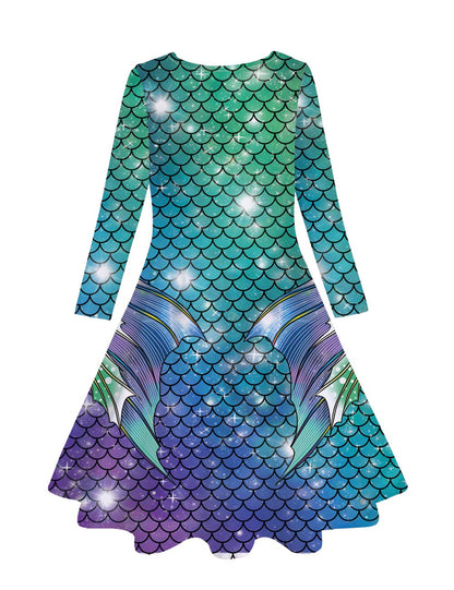 Funnycokid Girls' Butterfly & Mermaid Long Sleeve Dress
