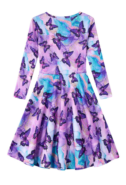 Funnycokid Girls' Butterfly & Mermaid Long Sleeve Dress