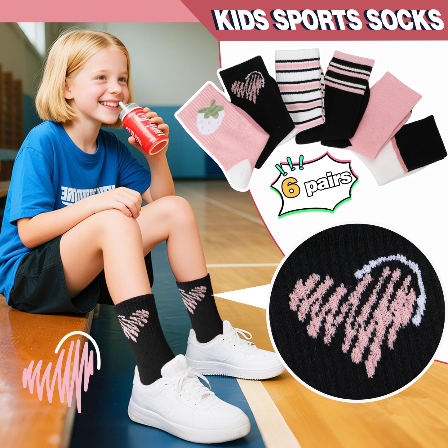 MOGGEI Girls' 6-Pack Athletic Crew Socks