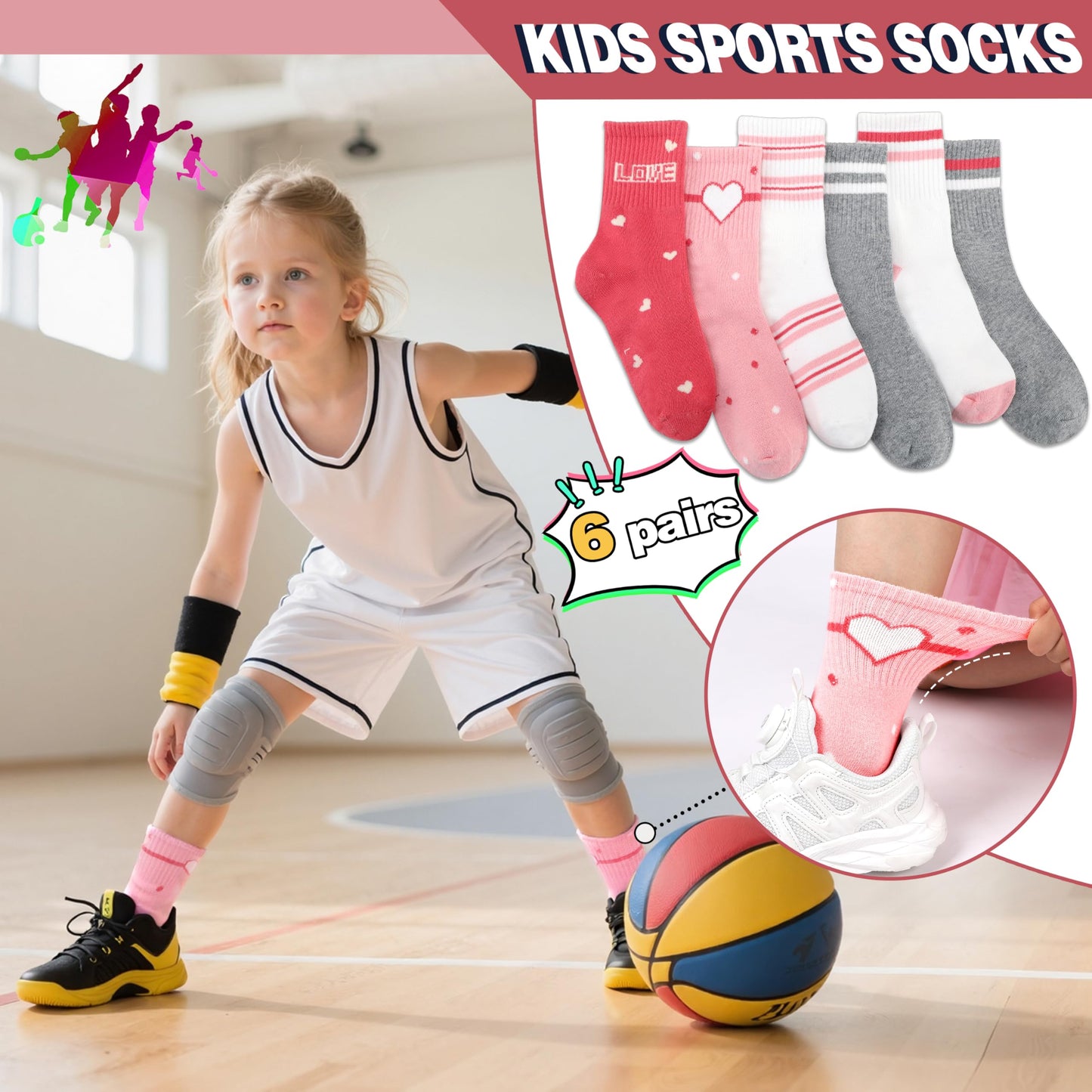 MOGGEI Girls' 6-Pack Athletic Crew Socks
