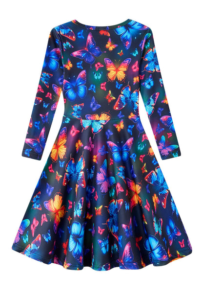 Funnycokid Girls' Butterfly & Mermaid Long Sleeve Dress
