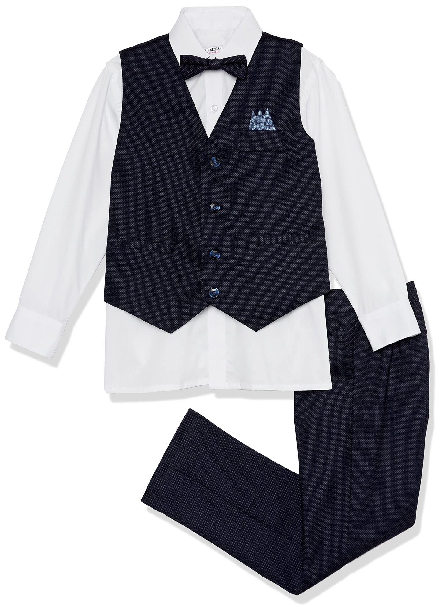 Isaac Mizrahi Slim Fit Boy's Pindots Vest, Shirt, Bowtie, and Pant Set