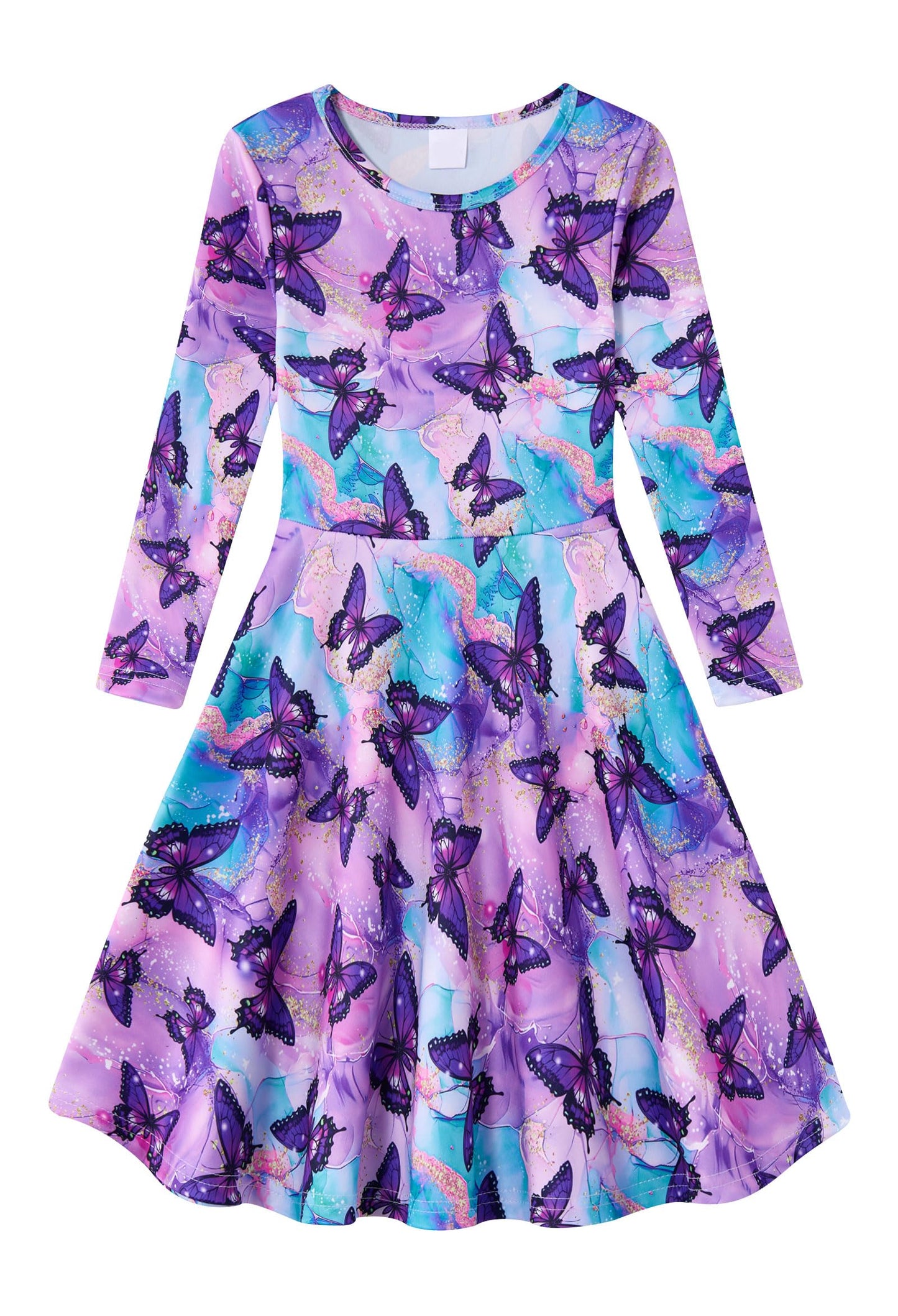Funnycokid Girls' Butterfly & Mermaid Long Sleeve Dress