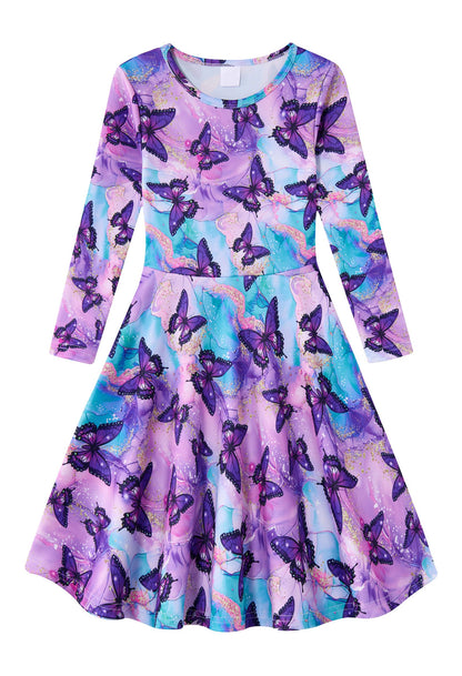 Funnycokid Girls' Butterfly & Mermaid Long Sleeve Dress