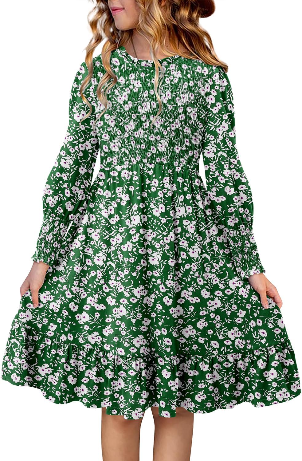Yoklass Girls' Smocked Puff Sleeve Dress