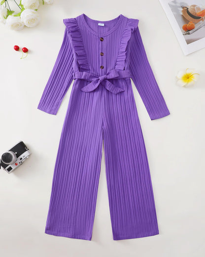Girls Ruffle Sleeve Jumpsuit – Belted Wide Leg Romper