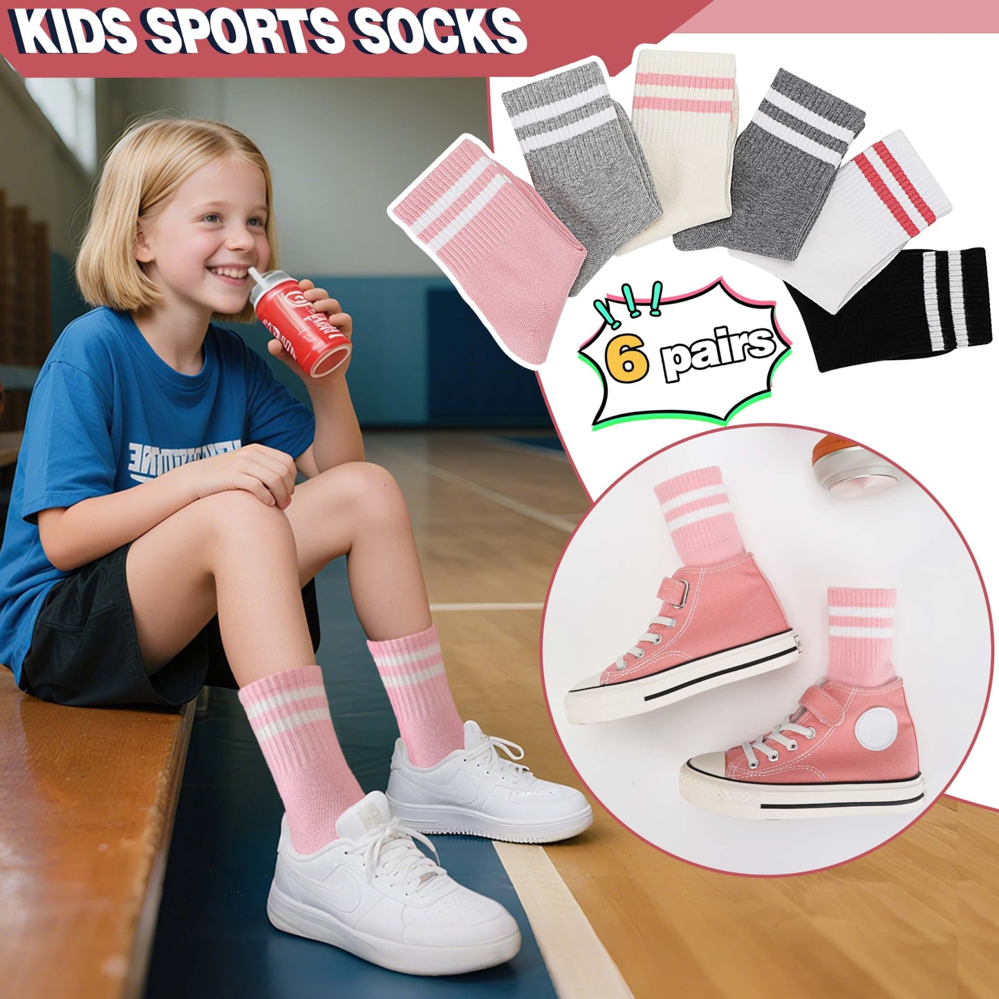 MOGGEI Girls' 6-Pack Athletic Crew Socks