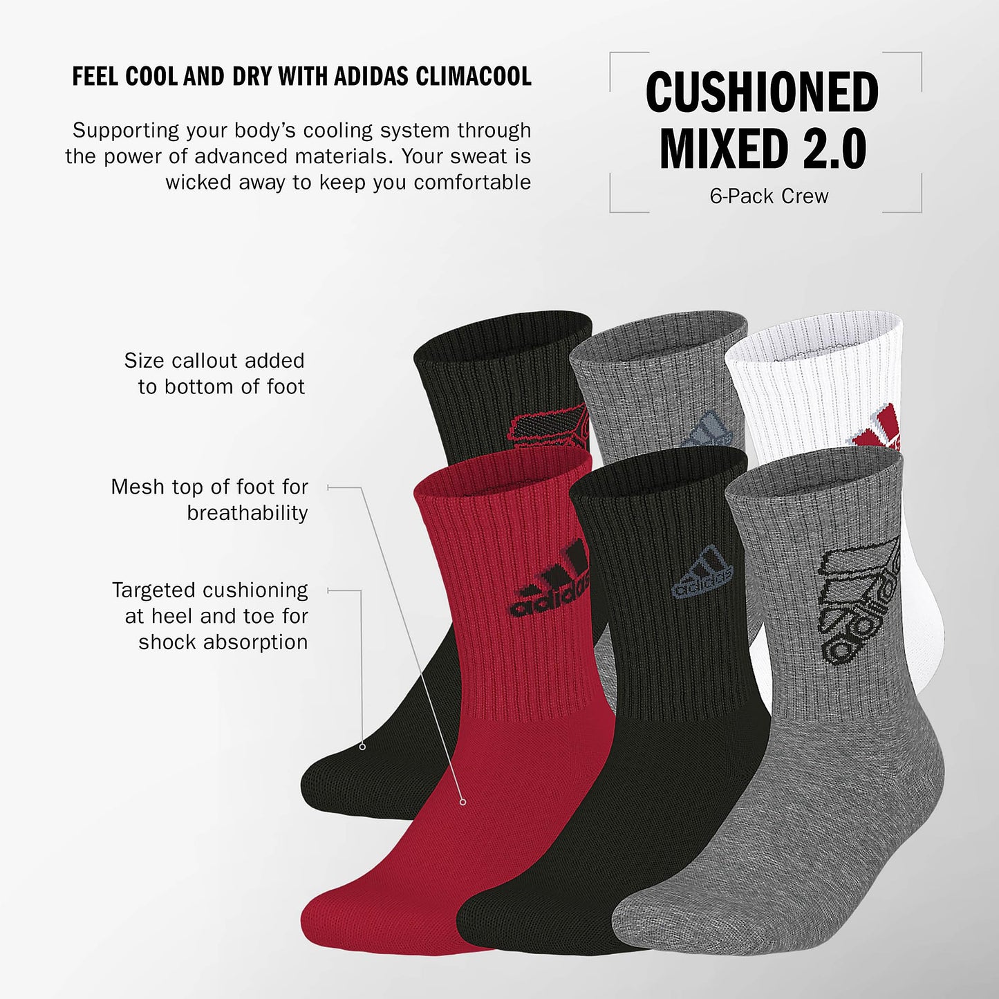 adidas Youth 6-Pack Cushioned Crew Socks