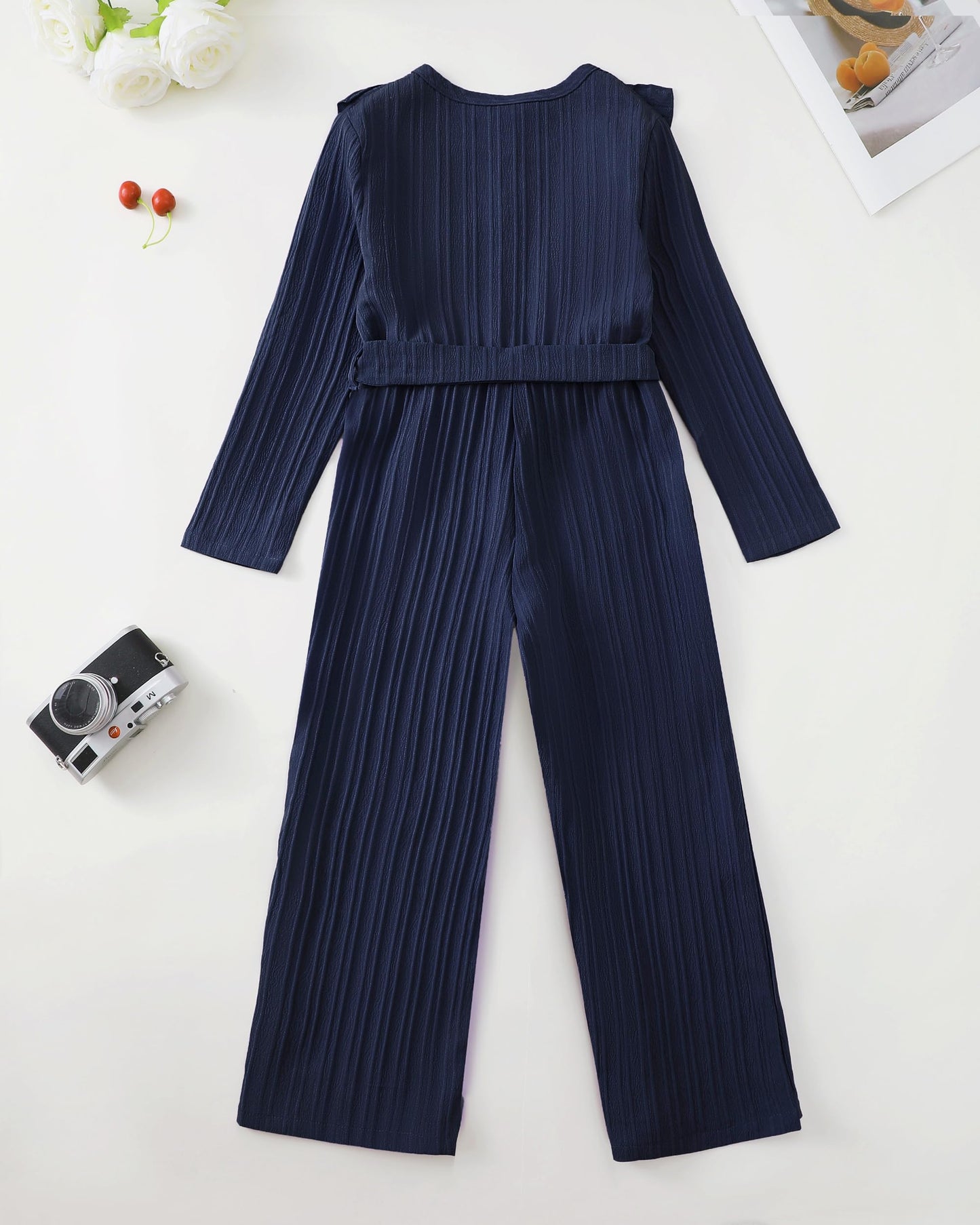Girls Ruffle Sleeve Jumpsuit – Belted Wide Leg Romper