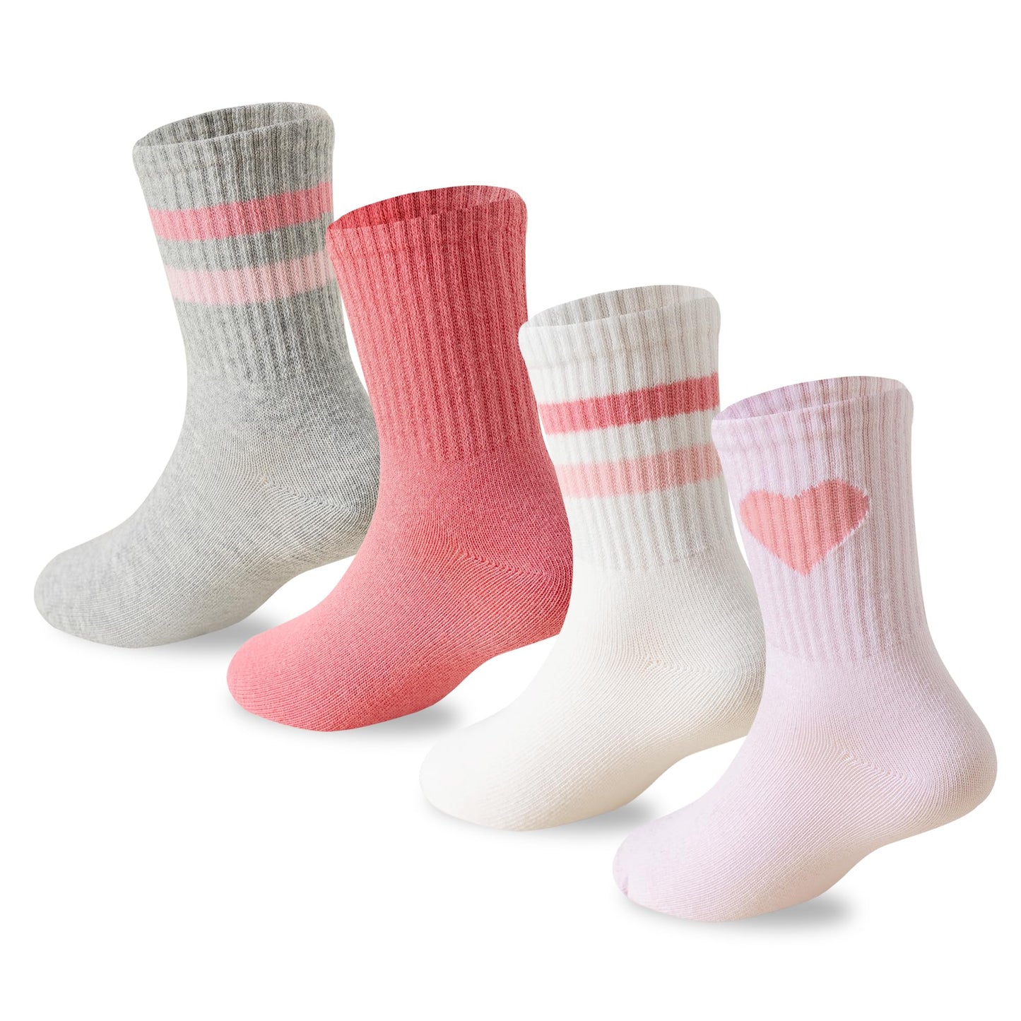 Girls' 4-Pack Pink Heart Striped Crew Socks