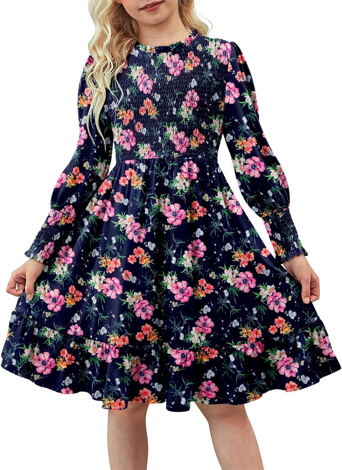 Yoklass Girls' Smocked Puff Sleeve Dress
