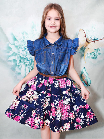 YJ.GWL Girls' Denim Flower Princess Dress