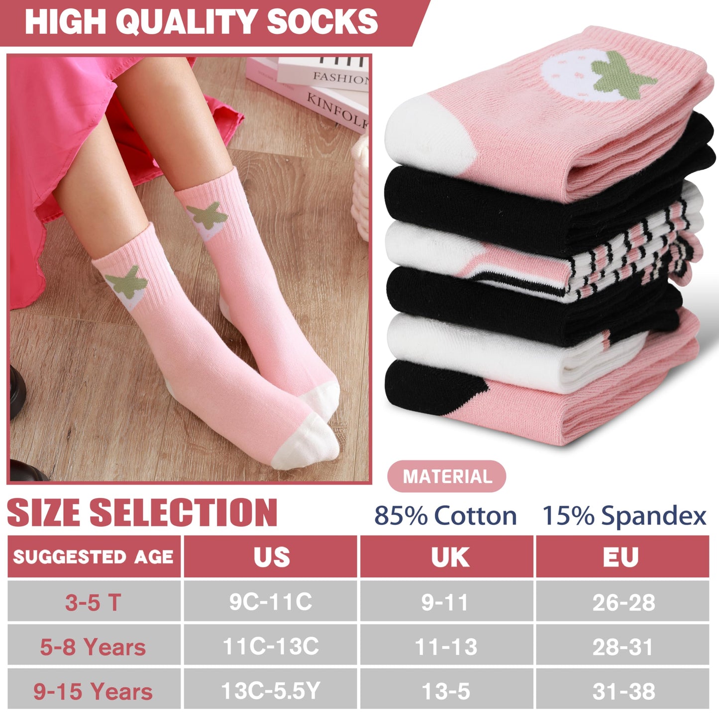 MOGGEI Girls' 6-Pack Athletic Crew Socks