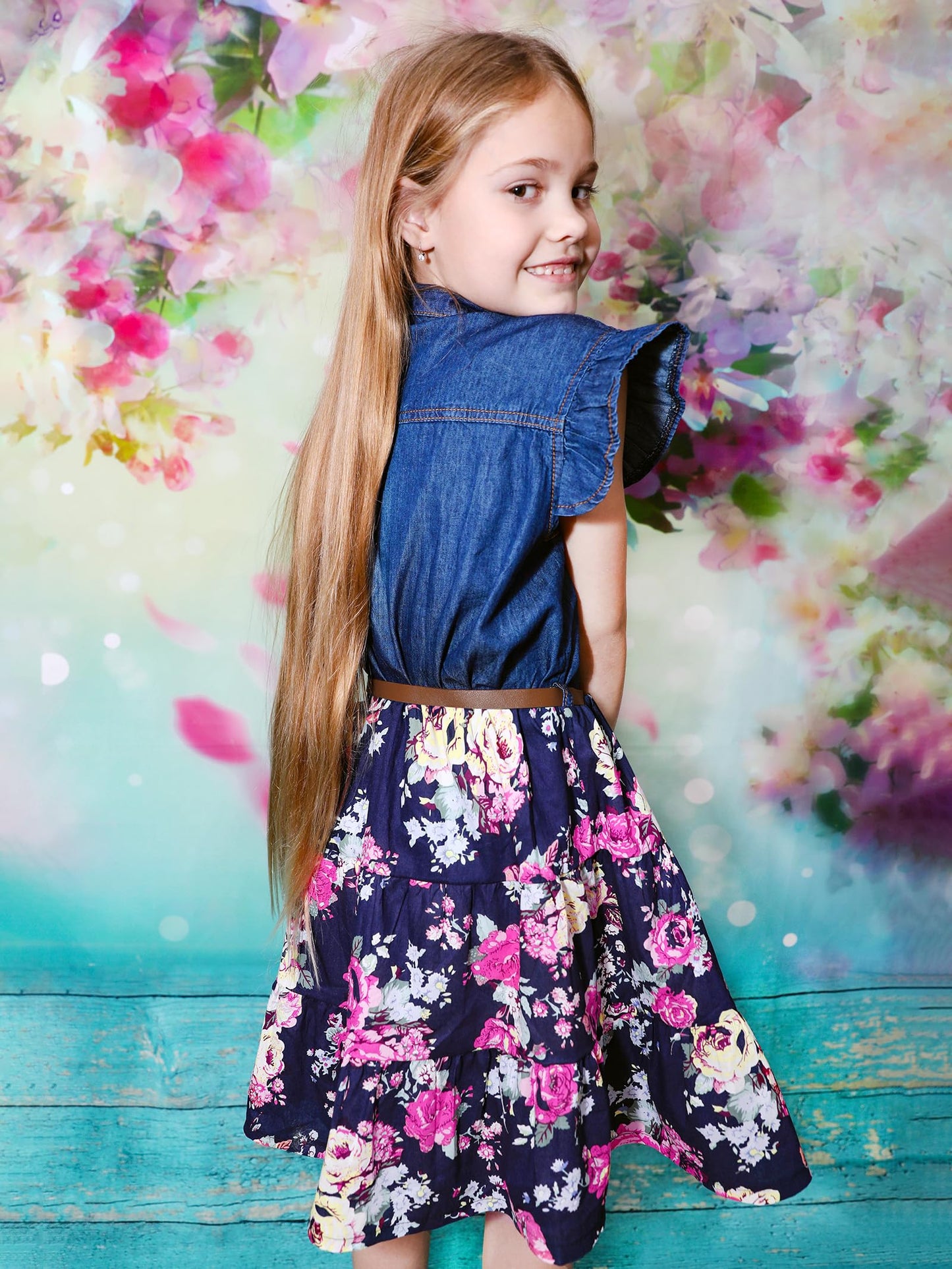 YJ.GWL Girls' Denim Flower Princess Dress