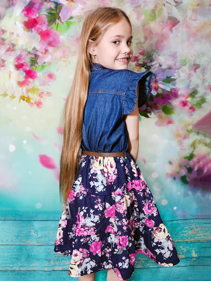 YJ.GWL Girls' Denim Flower Princess Dress