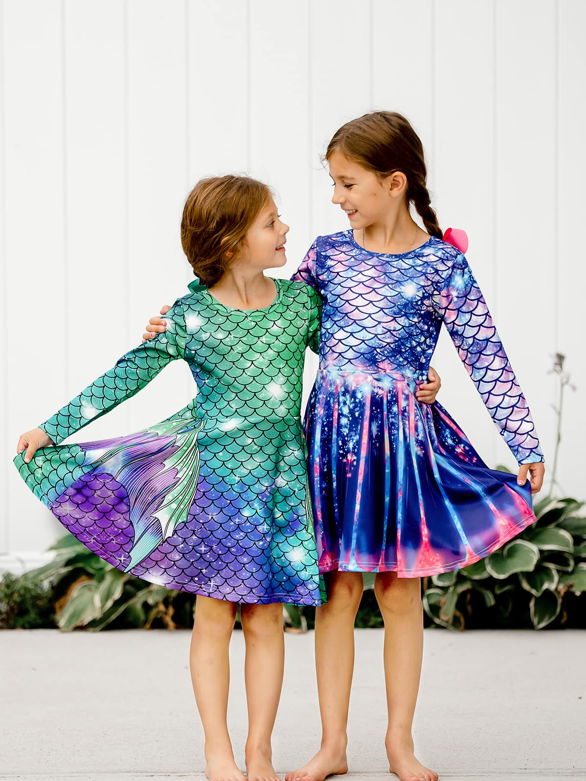 Funnycokid Girls' Butterfly & Mermaid Long Sleeve Dress