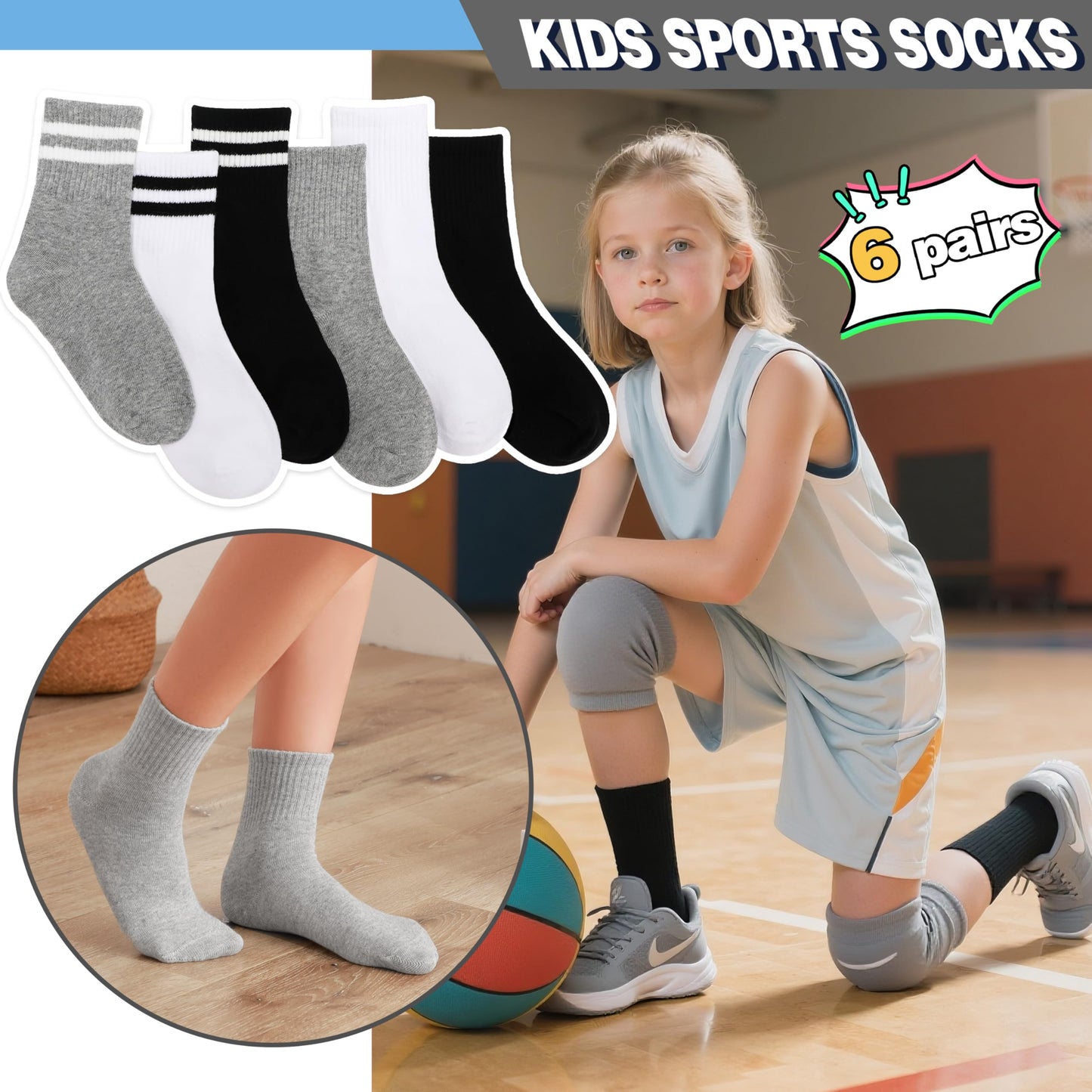 MOGGEI Girls' 6-Pack Athletic Crew Socks