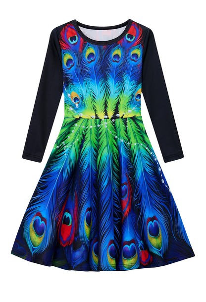 Funnycokid Girls' Butterfly & Mermaid Long Sleeve Dress
