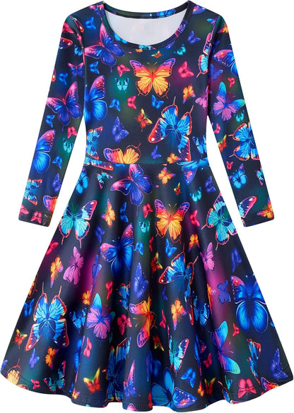 Funnycokid Girls' Butterfly & Mermaid Long Sleeve Dress
