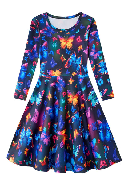 Funnycokid Girls' Butterfly & Mermaid Long Sleeve Dress
