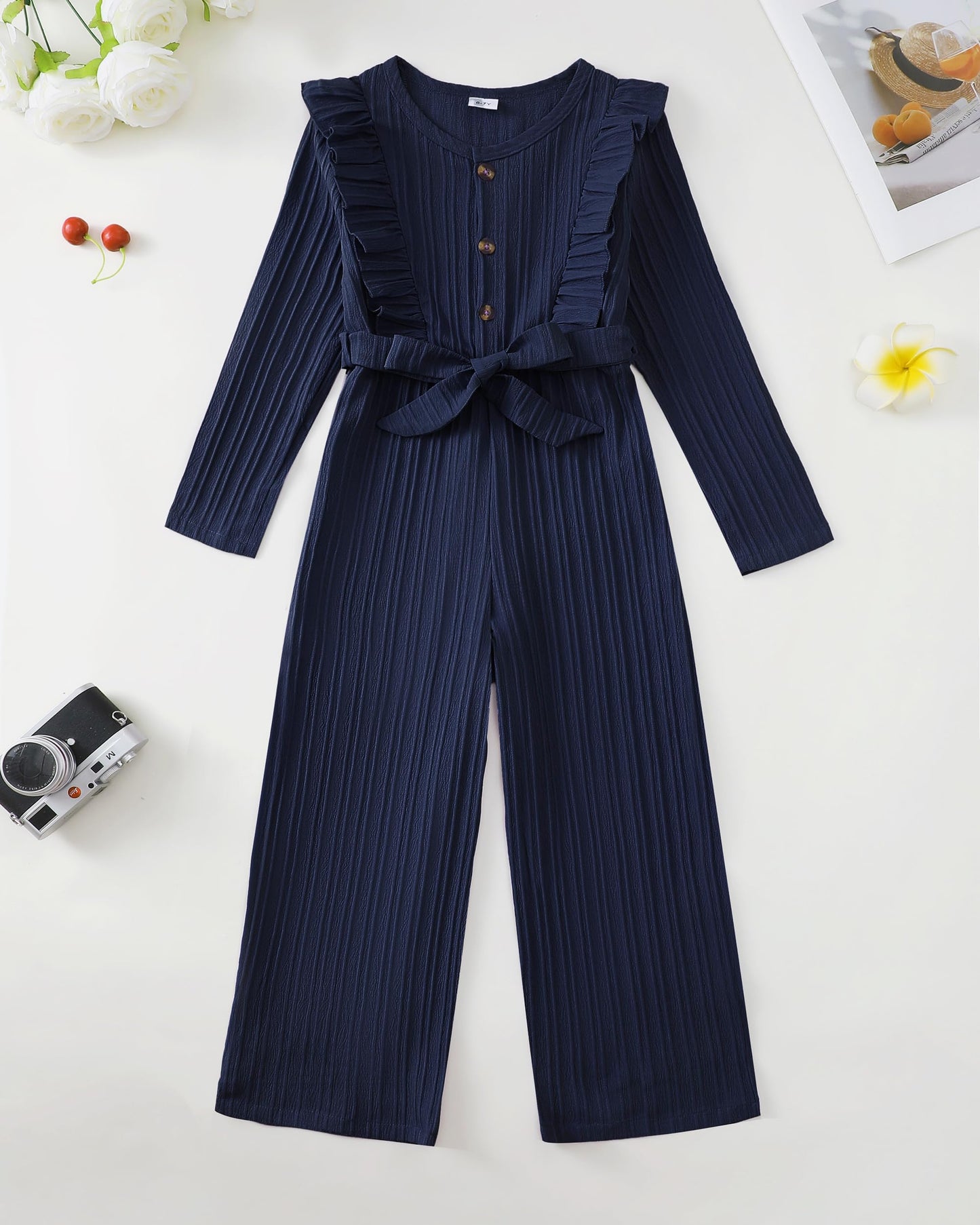 Girls Ruffle Sleeve Jumpsuit – Belted Wide Leg Romper