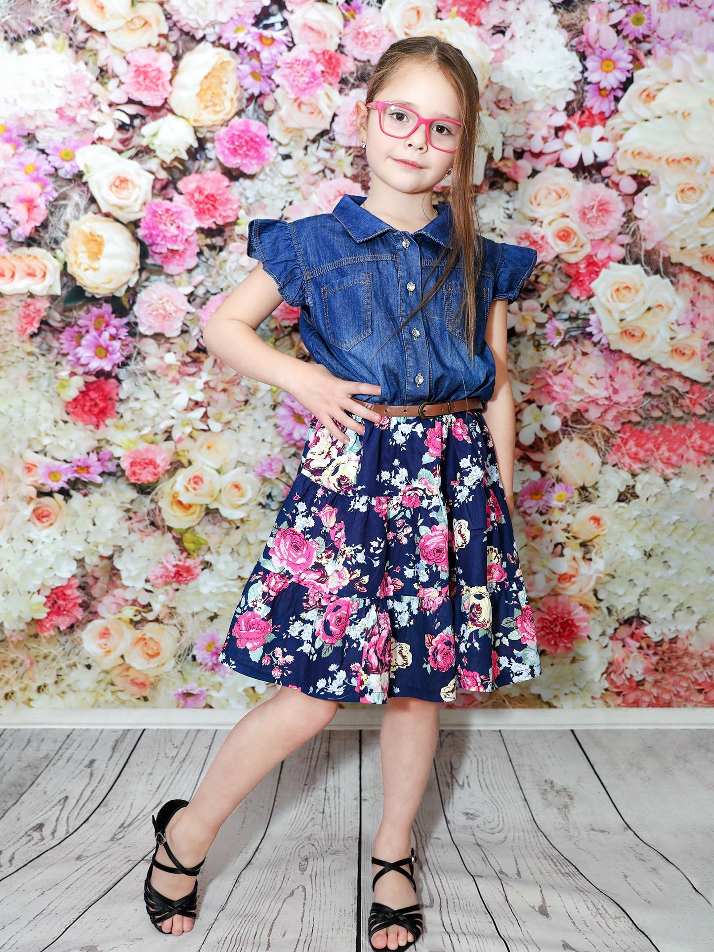 YJ.GWL Girls' Denim Flower Princess Dress