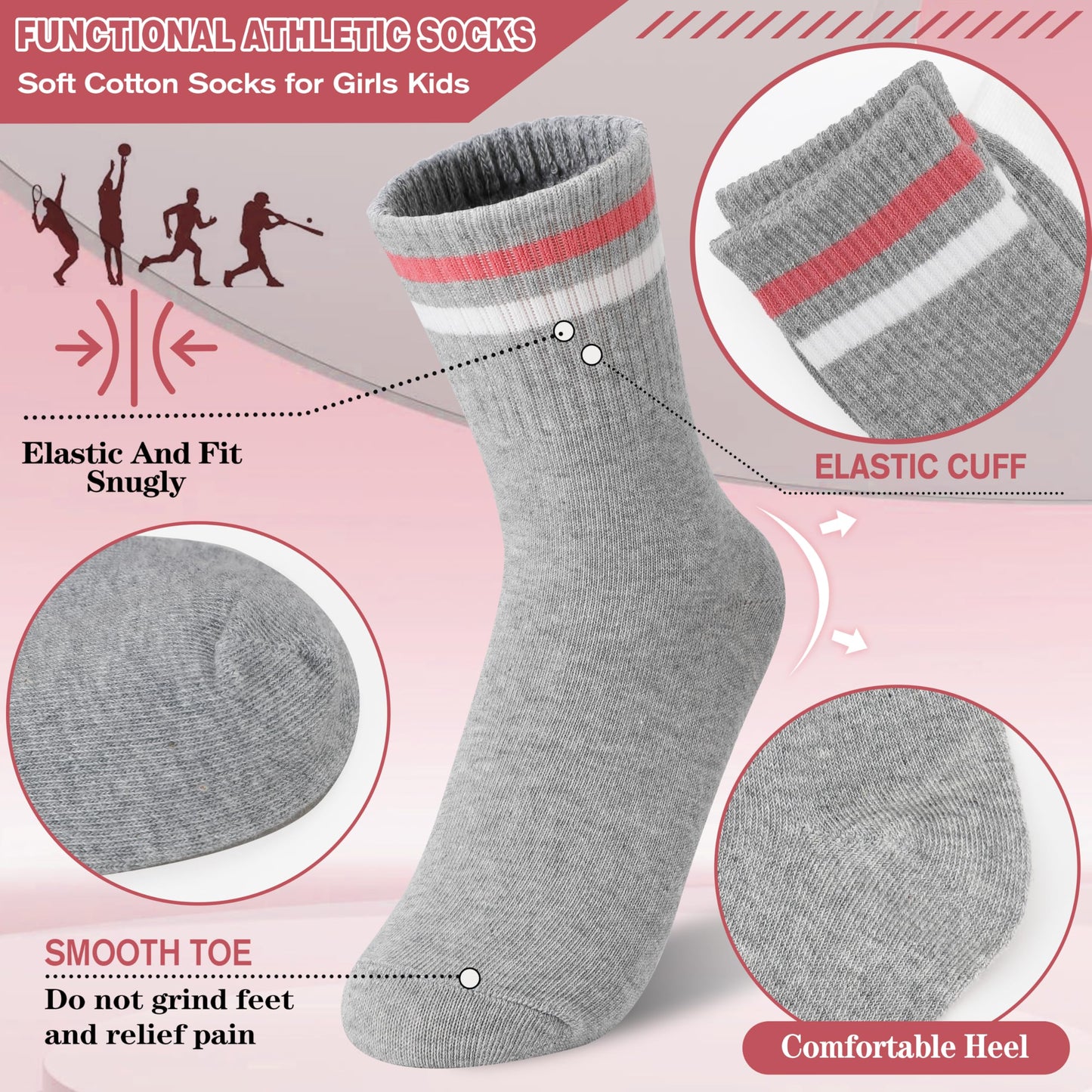 MOGGEI Girls' 6-Pack Athletic Crew Socks