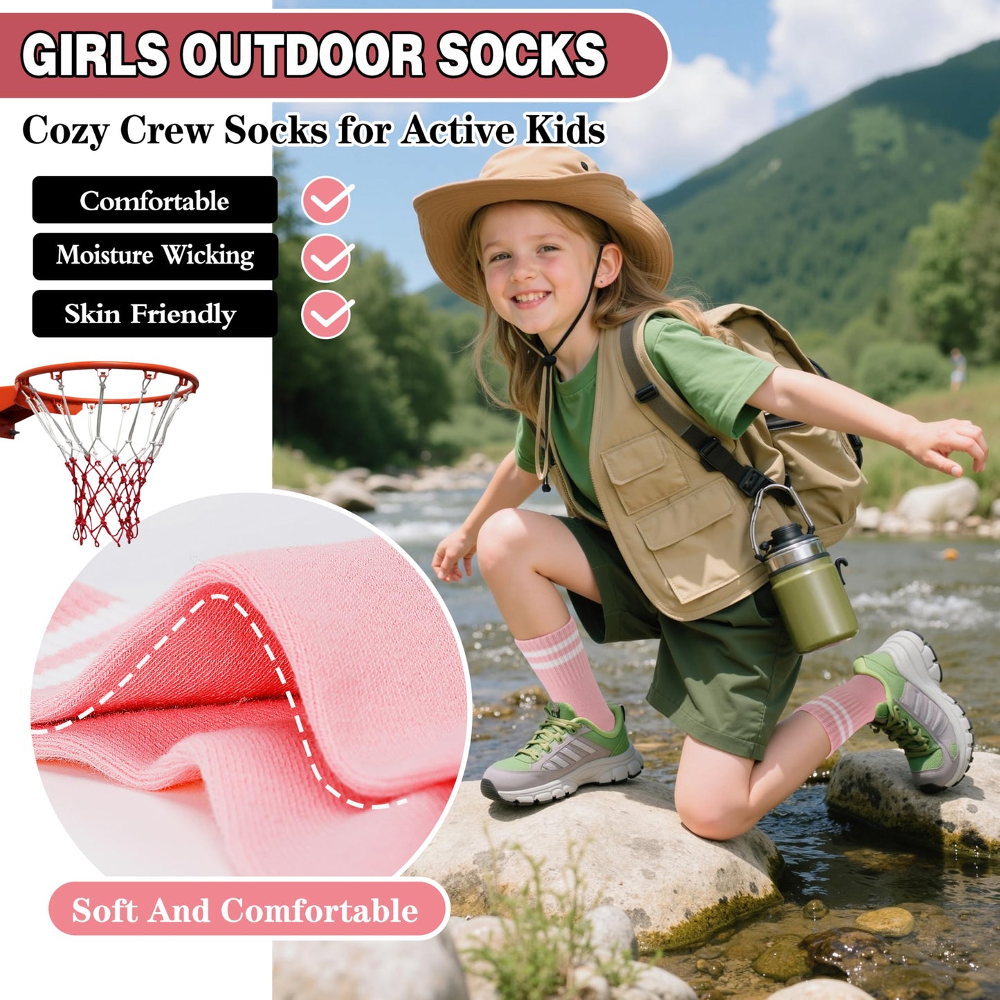 MOGGEI Girls' 6-Pack Athletic Crew Socks