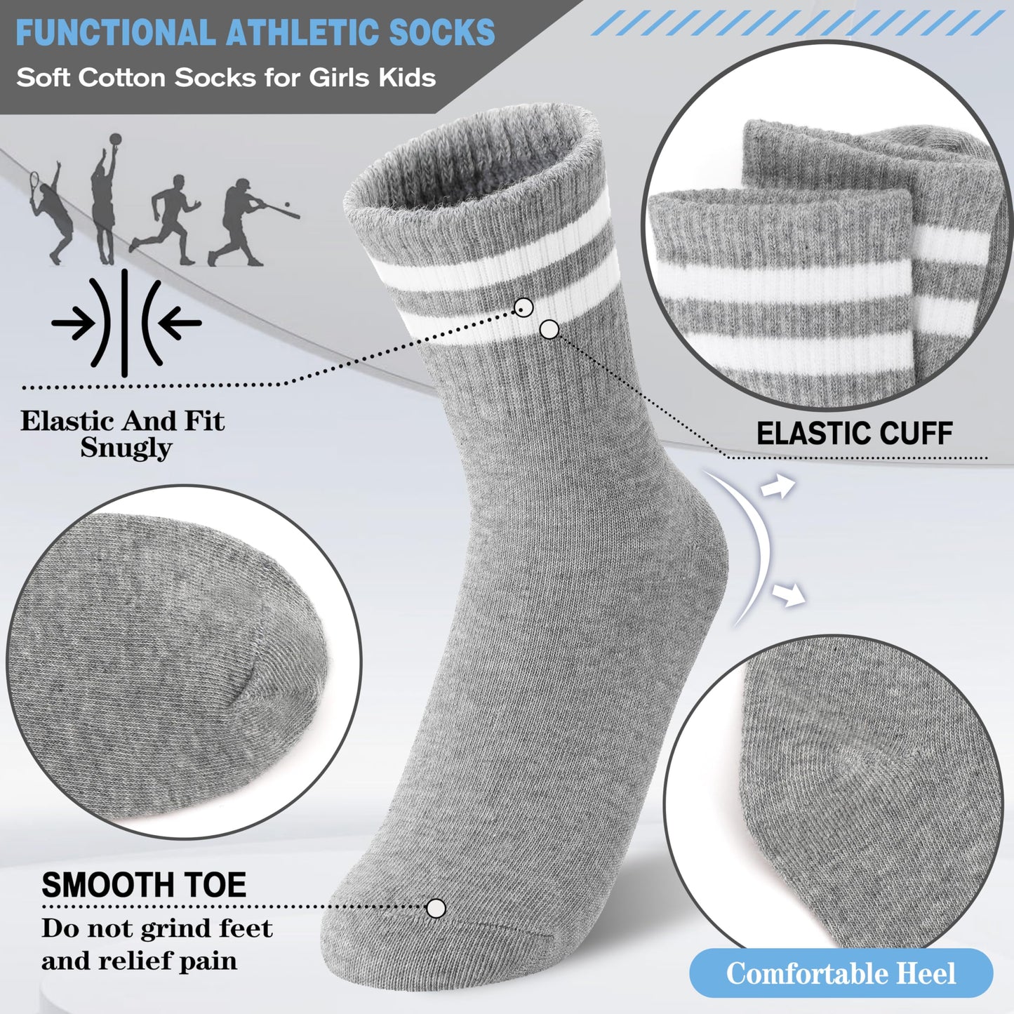 MOGGEI Girls' 6-Pack Athletic Crew Socks
