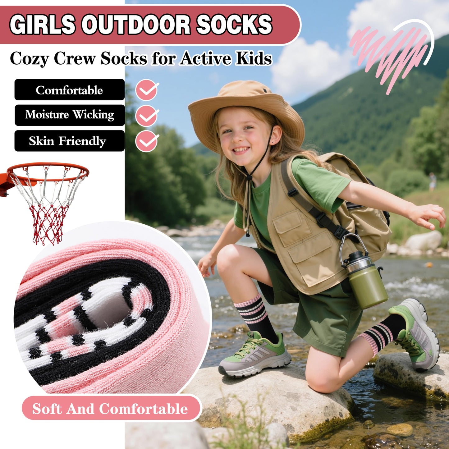 MOGGEI Girls' 6-Pack Athletic Crew Socks